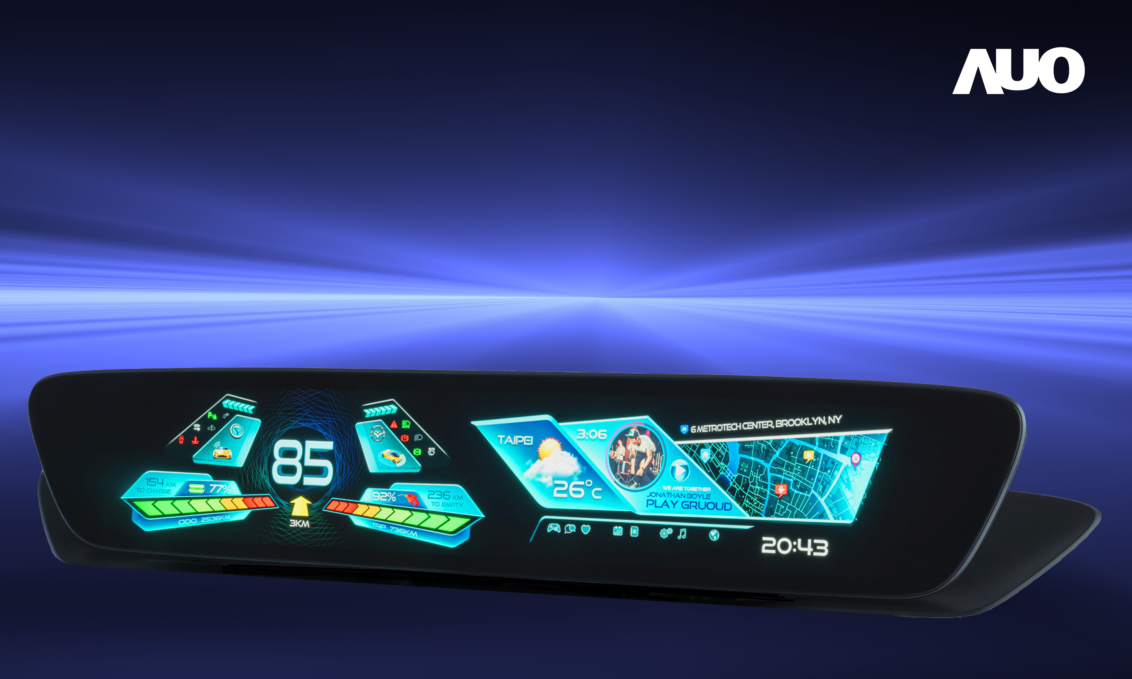 友達30.4吋異形曲面AmLED車載顯示系統，為一兼具儀表板及中控台人機介面的創新車載顯示系統，結合美學設計，提升車內科技沉浸感及使用體驗，讓車載顯示的未來應用更加多元化