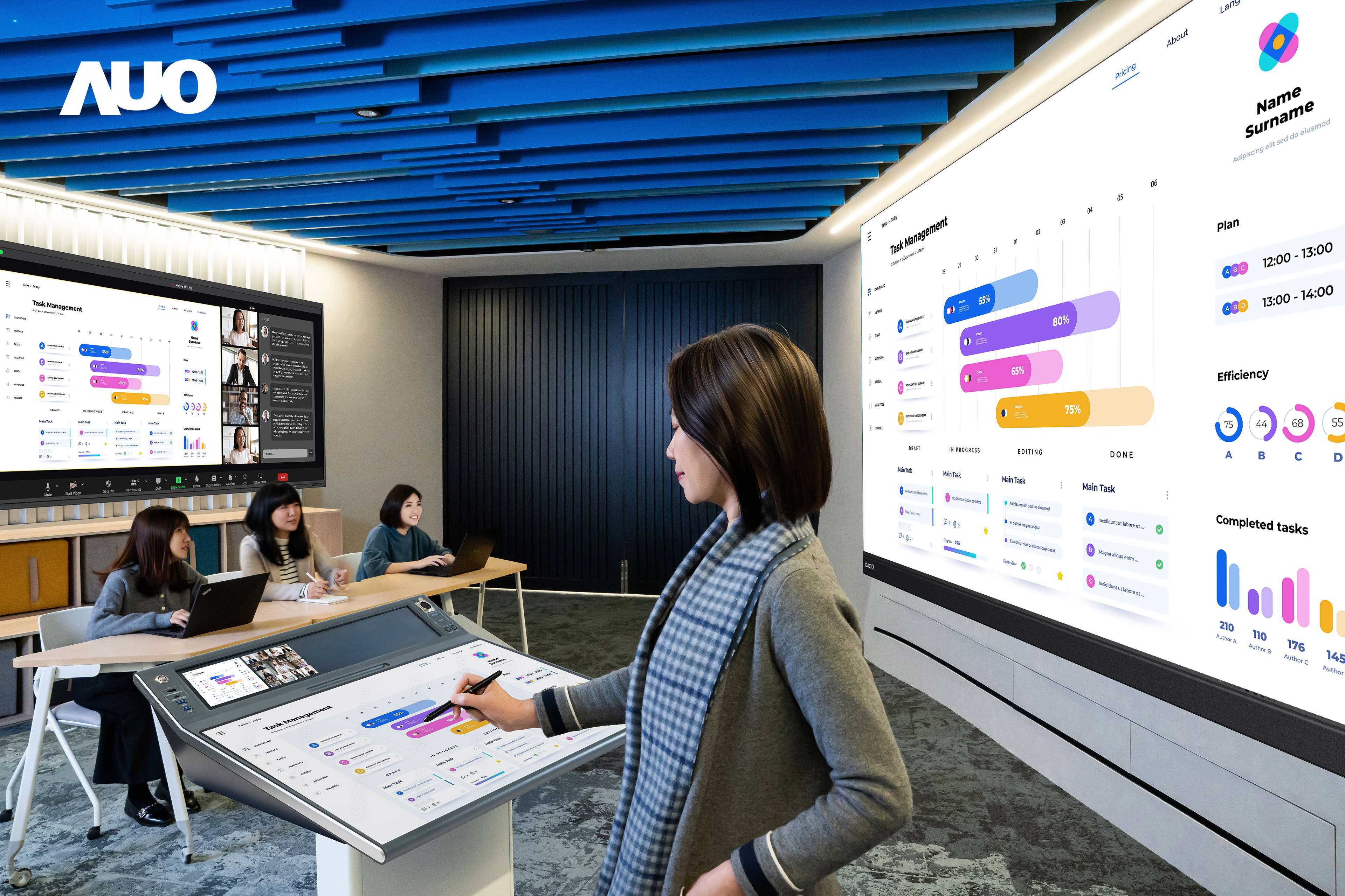 达擎携手Avocor与Rise Vision展示全方位商务领域应用，包含采用模块化设计的138吋一体式All-in-One LED显示器及具21:9超宽比例的92吋交互式电子白板（IFPD），讲者可轻松分享内容，有效提升会议协作效率。